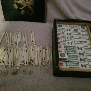 Vintage Mahjong Set with Bone And Ivory Tiles, Handpainted